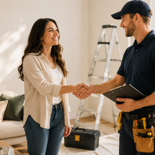 Friendly handshake in a renovated living room